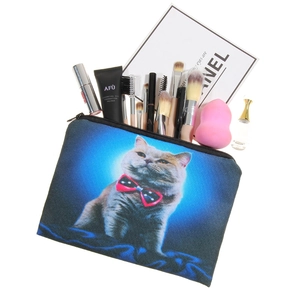 3D printed cat makeup bag with zipper showing large capacity for brushes and cosmetics