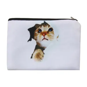 3D Print White Cat Makeup Bag Polyester Zipper Pouch Cosmetic Storage Case Women Portable Multi-purpose Pencil Bag Organizer