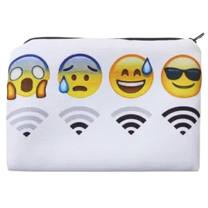 Women's Polyester WiFi Emoji Print Cosmetic Bag Portable Travel Toiletry Makeup Bag Stationery Pencil Case Funny Zipper Handbag
