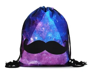 Galaxy Nebula Printed Drawstring Backpack With Mustache Design Polyester Casual Travel Storage Bag For Men Women