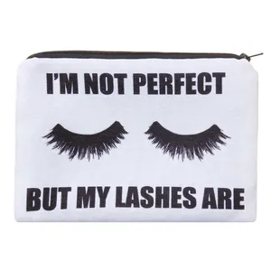Women Eyelash Print Makeup Bag I'M NOT PERFECT English Quote Portable Polyester Cosmetic Bag Travel Toiletry Storage Bag