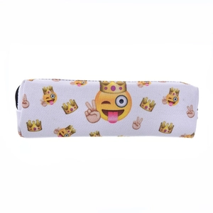 White canvas pencil case featuring digital crown emoji prints and a black zipper closure