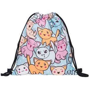 3D cartoon cat printed drawstring backpack bag with light blue polka dot pattern