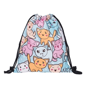 Drawstring backpack featuring cute 3D cartoon cats print on light blue polka dot fabric