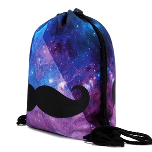 3D galaxy print drawstring backpack with black mustache silhouette and starry sky pattern
