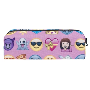 Purple Oxford makeup bag with digital emoji print and secure top zipper closure