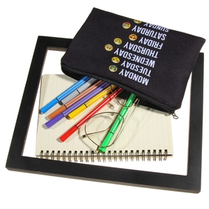 Trousse à maquillage en toile noire avec imprimés émojis semaine sur bureau avec papeterie