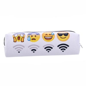White Oxford makeup bag with creative digital emoji prints and Wi-Fi signal design