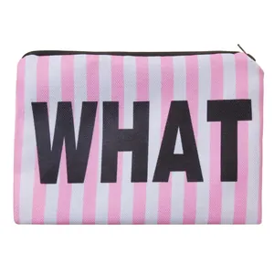 Trousse à Maquillage en Polyester à Rayures pour Femmes Avec Fermeture Éclair Imprimé Lettre WHAT Organisateur de Voyage Portable