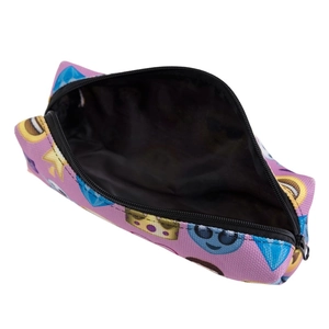 Digital print makeup bag with pink emojis, gold crowns and sunglasses patterns on oxford fabric