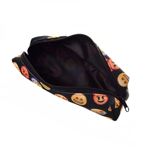 Black Oxford cartoon emoji print makeup bag with zipper closure and large capacity