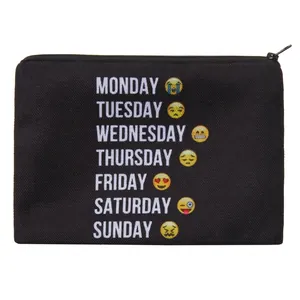 Trousse De Toilette Portable En Polyester Pour Femmes Avec Imprimé Lettres Semaine Et Emoji Pochette Maquillage Carrée À Zip