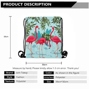 Waterproof drawstring bag with flamingo palm leaf print and 39x30cm size specs