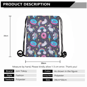Unicorn and rainbow printed polyester drawstring backpack for storage 39x30cm