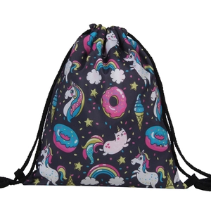 Detailed view of unicorn and cartoon pattern prints on lightweight drawstring backpack