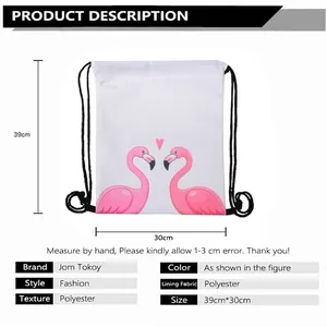 Drawstring backpack featuring pink flamingo print made of durable polyester material