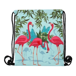 Drawstring backpack featuring tropical pink flamingo and palm leaf print on light blue base