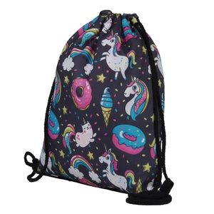 Detailed view of unicorn and rainbow prints on black drawstring storage backpack