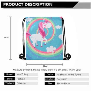 Sky blue polyester drawstring backpack featuring a colorful unicorn and rainbow print