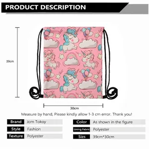 Pink unicorn drawstring bag with rainbow prints, 39x30cm durable polyester backpack