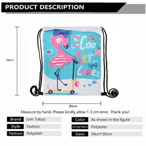 Drawstring backpack featuring cute pink flamingo print made of durable polyester material