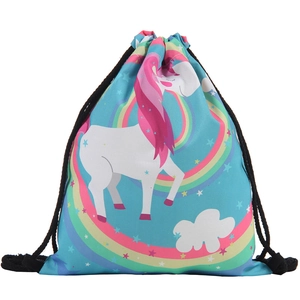 Detailed close-up of a blue unicorn drawstring bag with rainbow and star prints