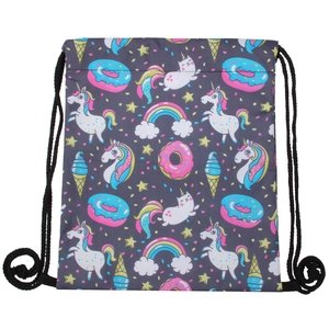 Drawstring backpack with unicorn and rainbow patterns on dark grey polyester material