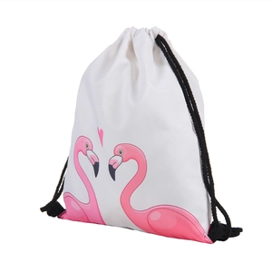 Detail of white drawstring backpack with pink flamingo print and sturdy black woven cords