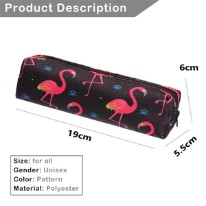 Polyester flamingo print cosmetic bag 19x6x5.5cm size chart and dimensions layout