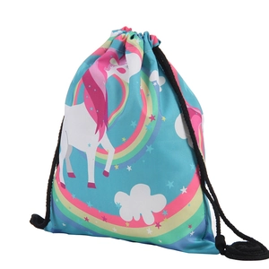 Detail view of unicorn drawstring bag with thick black ropes and rainbow print pattern