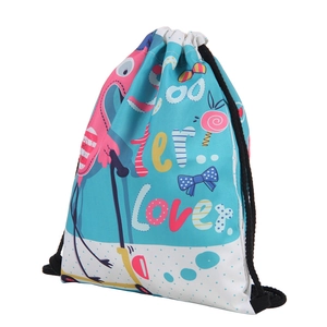 Detail of creative cartoon flamingo print on light blue and white drawstring backpack