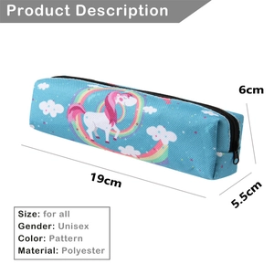Blue oxford polyester cosmetic bag with rainbow unicorn pattern and size dimensions