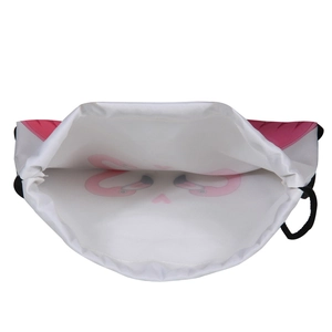 Pink flamingo drawstring backpack made of white lightweight polyester fabric