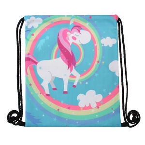 Detail view of colorful cartoon unicorn print on blue drawstring bag with rainbow pattern