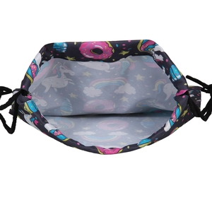 Unicorn and rainbow printed drawstring backpack with interior space and lining detail