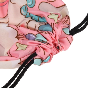 Pink drawstring bag with unicorn cartoon print and durable black woven ropes