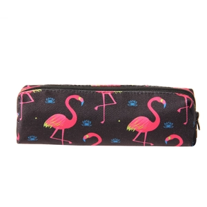 Close-up of portable oxford makeup bag with pink flamingo and lotus floral pattern