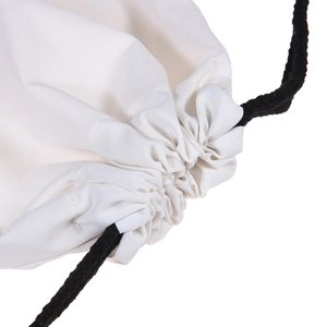 Minimalist white canvas drawstring bag with contrasting black cotton cord closure detail