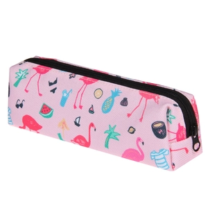 Detail view of pink canvas cosmetic bag showing summer prints and black zipper closure
