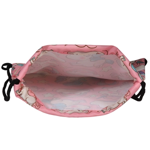 Pink drawstring bag with unicorn and rainbow patterns showing the spacious interior compartment