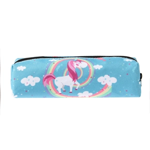 Detail of blue oxford fabric unicorn makeup bag with rainbow print and zipper closure