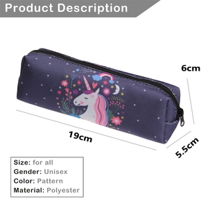 Purple unicorn printed Oxford polyester pencil case with zipper and 19cm size dimensions