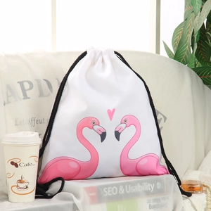 Pink flamingo canvas drawstring bag with heart print for travel and daily storage
