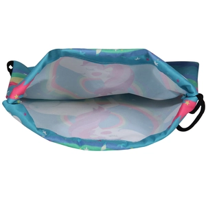 Unicorn and rainbow print drawstring backpack for kids in bright blue lightweight fabric