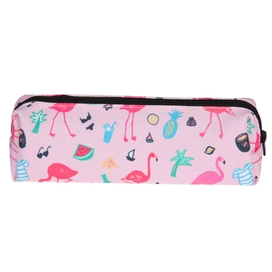 Close-up of pink flamingo printed makeup bag with a black metal zipper closure