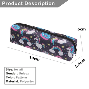 Unicorn pattern polyester pencil case with zipper and detailed dimensions 19x6x5.5cm
