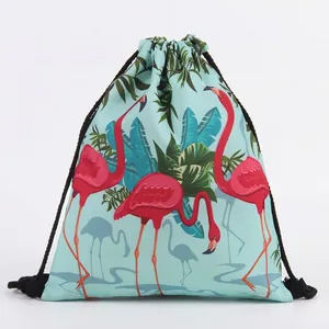 Tropical Flamingo Print Drawstring Backpack For Women Polyester Waterproof Travel Storage Cinch Bag With Cotton Rope Straps