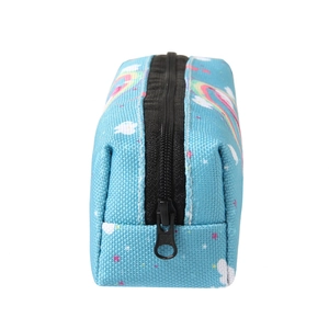 Blue oxford cosmetic bag featuring rainbow and unicorn prints with black zipper closure