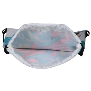 Bird print drawstring bag with pink flamingo patterns and blue polka dots design