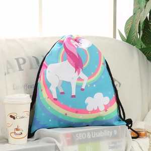 Unicorn drawstring backpack with rainbow print on sky blue durable polyester fabric
